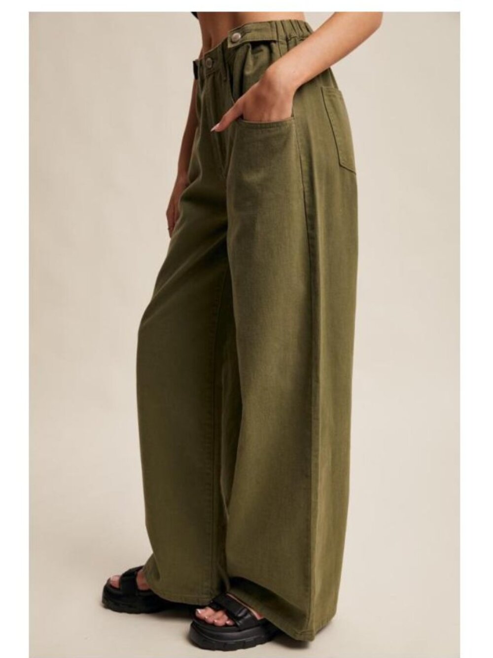 LISTICLE Wide Leg Puddle Hem Denim Pants Olive Green NWT - Picture 3 of 5
